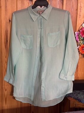 Charlie Paige Sheer Aqua Button-Front Blouse